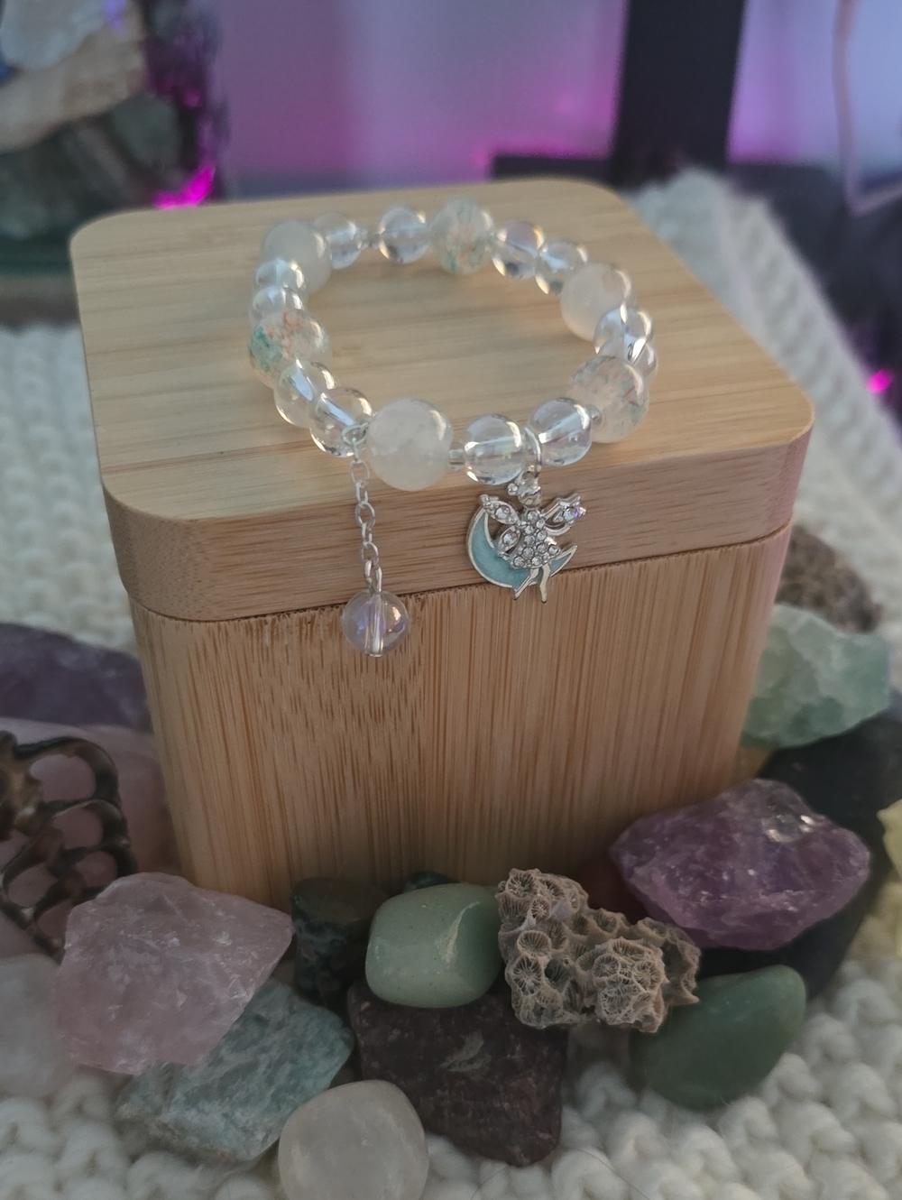 Silver Moon Fairy Charm Glass Beaded Bracelet in Clear and Aqua